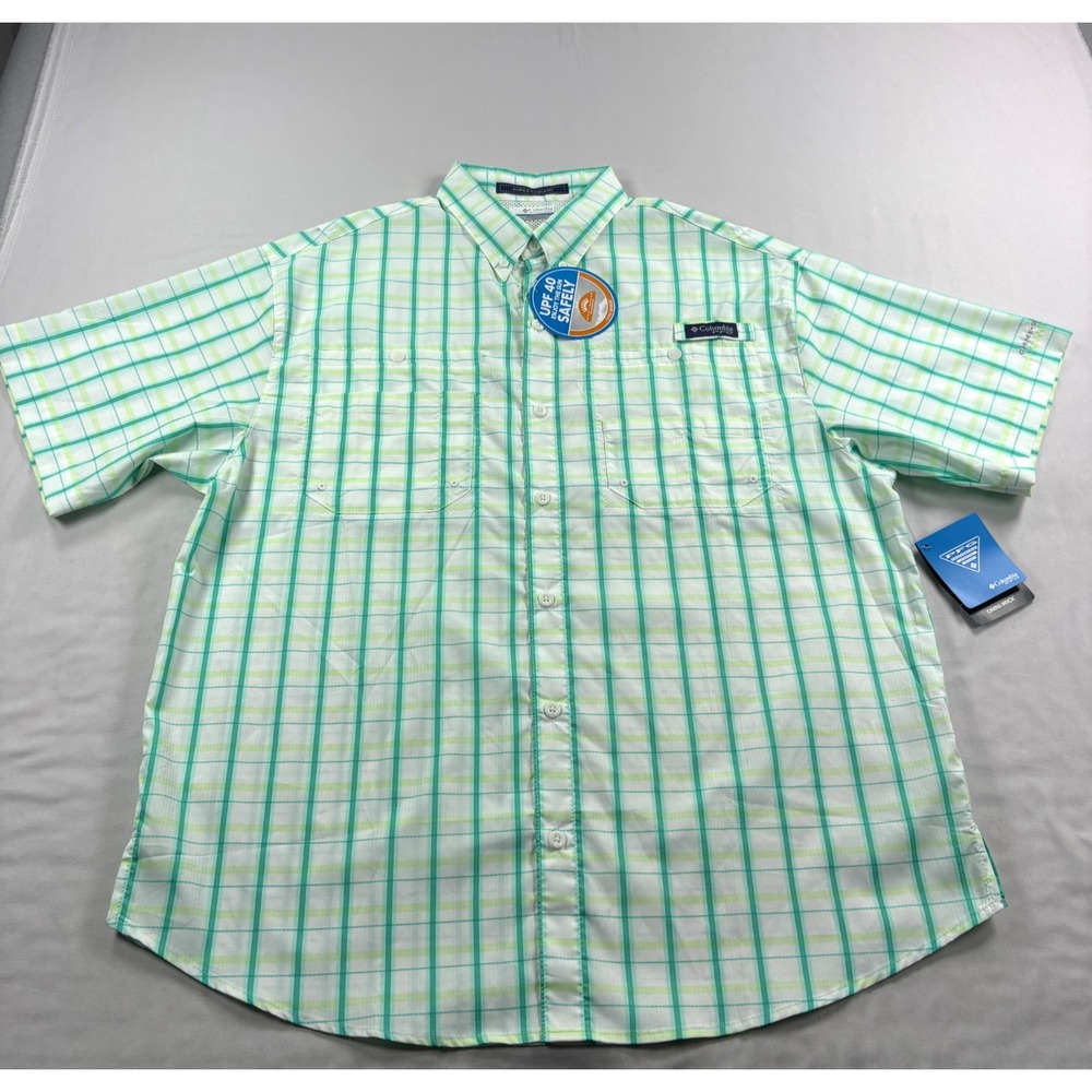 Columbia PFG Shirt Mens Large Green Plaid Super Tamiami Performance Fishing NEW